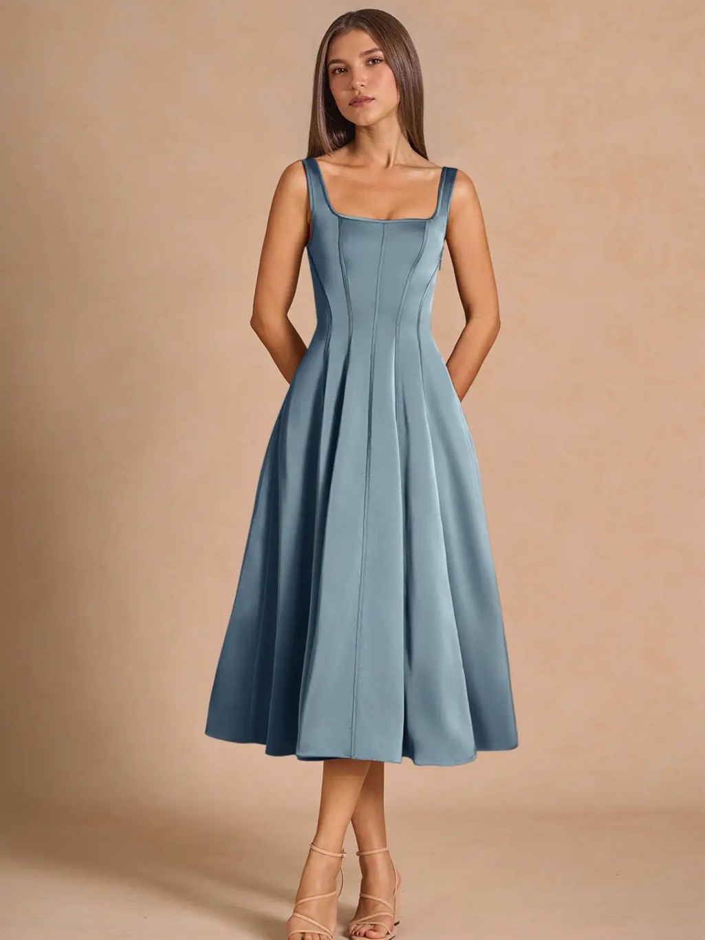 Nwt Azazie Atelier Nolia Powder Blue Midi A-Line Dress Formal Satin Corset